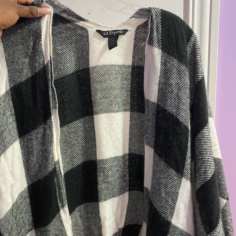 Plaid Black and White Scarf Cardigan